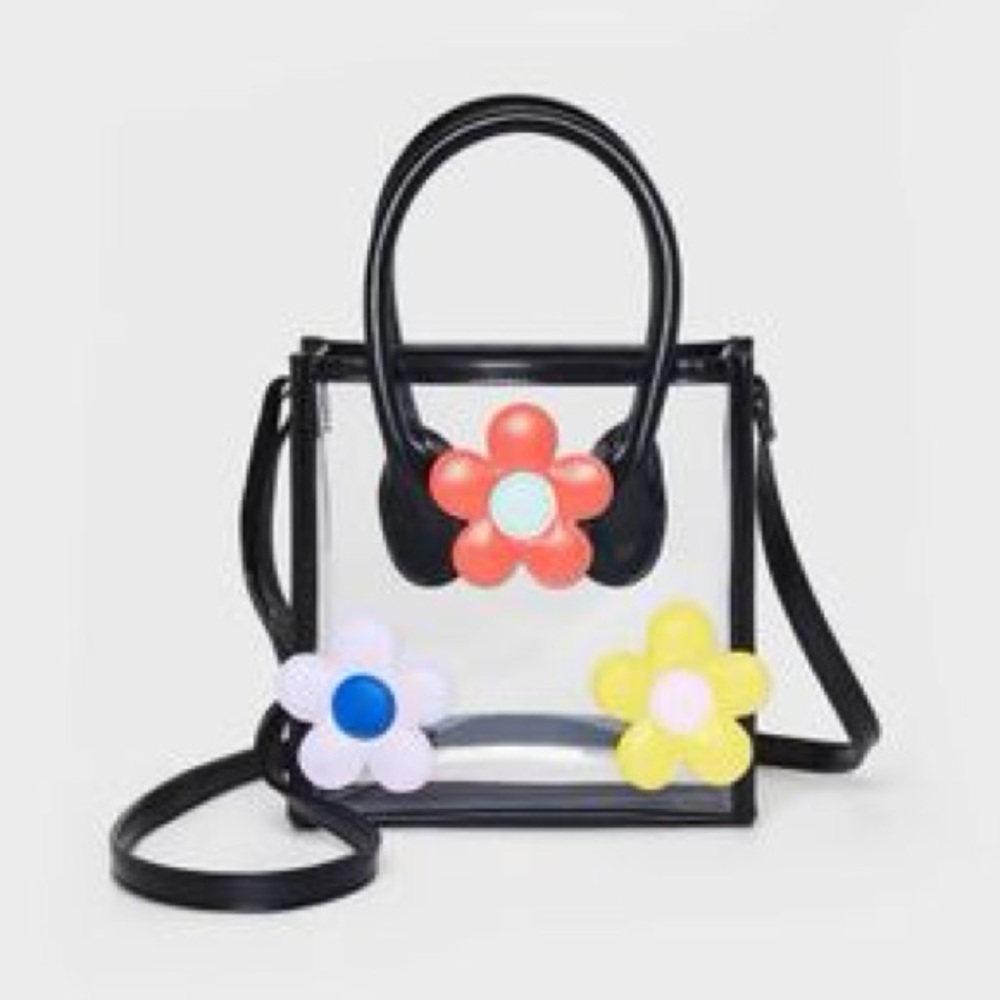 🐭SALE! Art Class Clear Handbag with Colorful Flower Accents black trim and strap